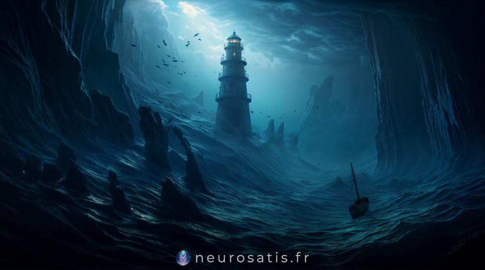 Paysage maritime brumeux avec un phare, voquant le passage et la libration des entits.