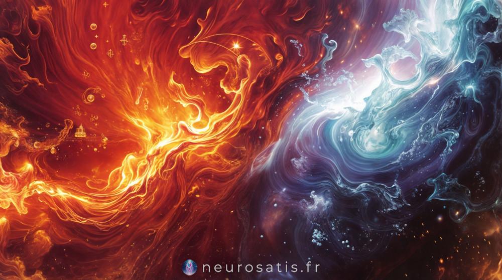 Fusion d'nergies cosmiques de feu et de glace, illustrant la puissance et la dualit des dons de coupeur de feu.