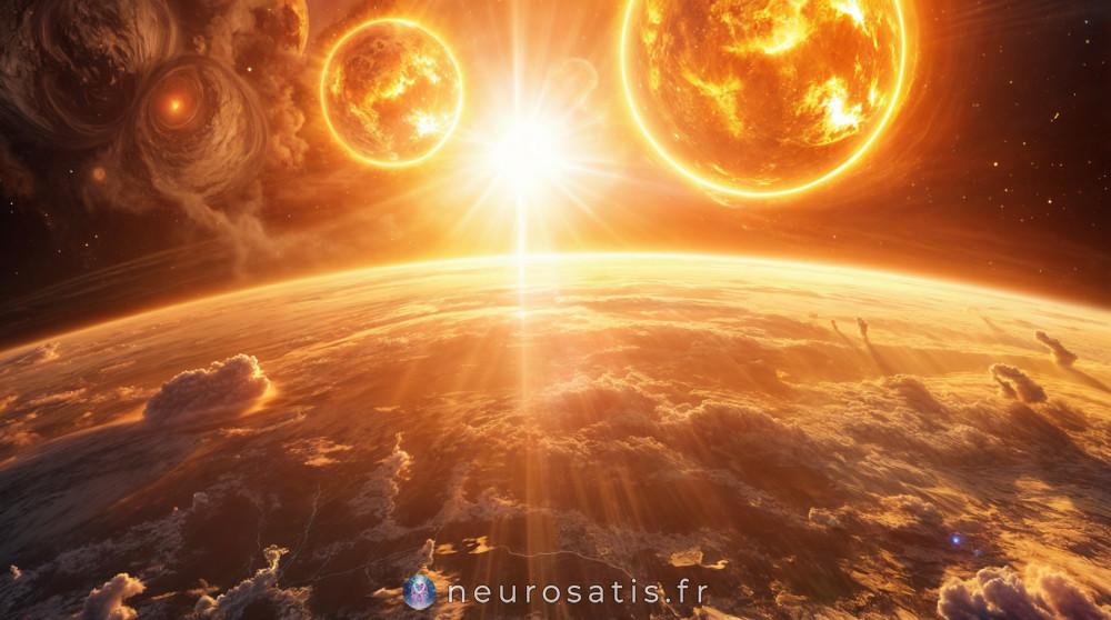 Paysage plantaire avec une source de lumire intense, symbolisant le nettoyage nergtique  distance et la connexion spirituel