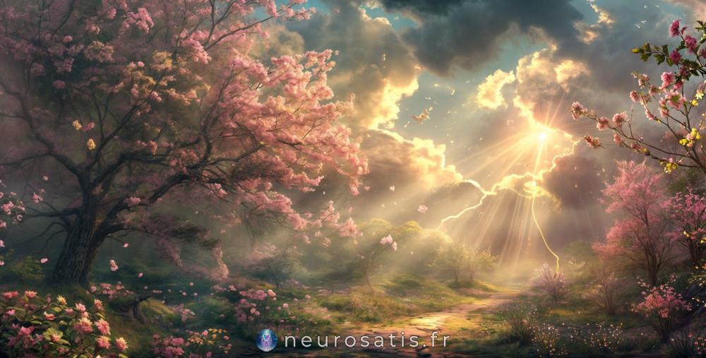 Paysage printanier baign de lumire divine, illustrant la rharmonisation et le renouveau apports par le soin nergtique.